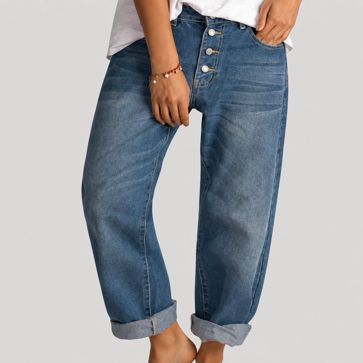 Dam Boyfriend-jeans Högmidjade Button Fly Blå Denimjeans