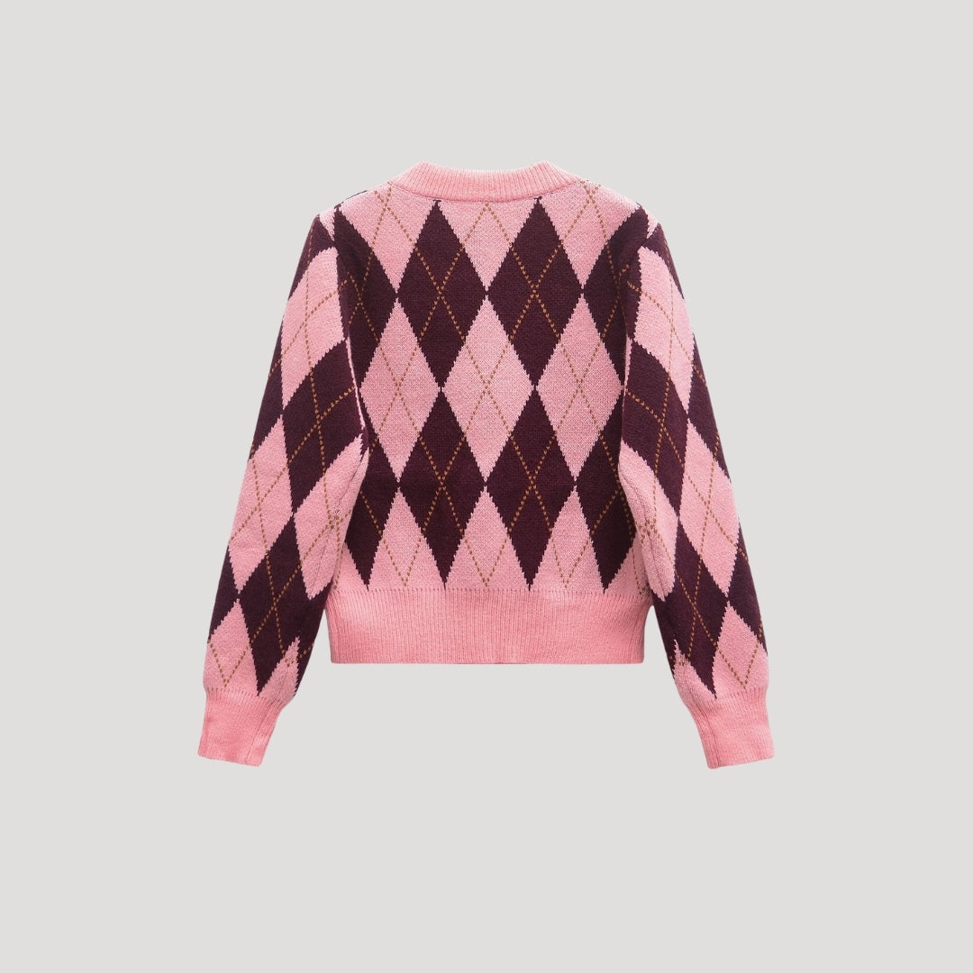 Dam argyle cardigan stickad i rosa för alla tillfällen 1