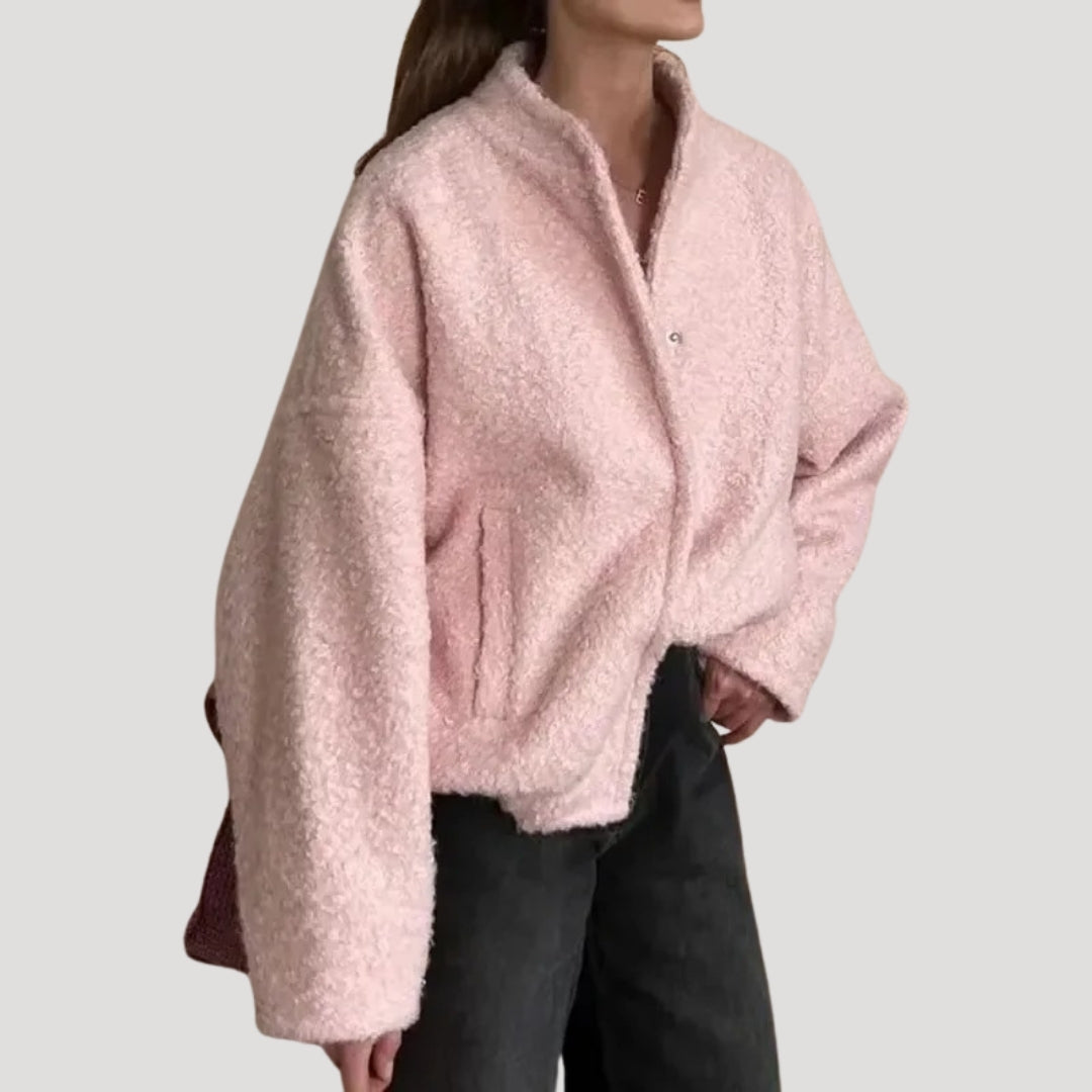 Dam bomberjacka i boucle teddy rosa med dragkedja 0