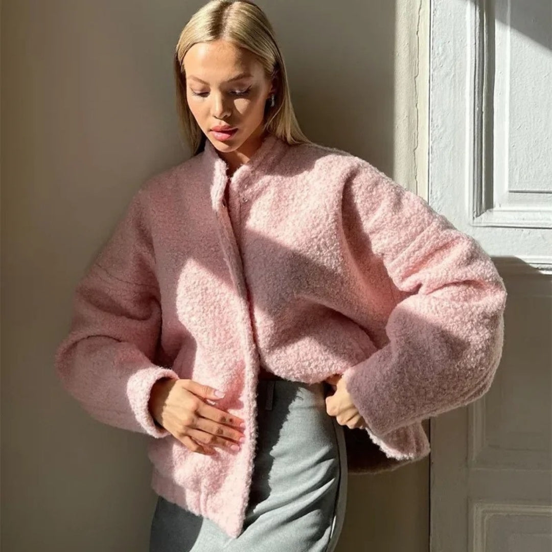 Dam bomberjacka i boucle teddy rosa med dragkedja 5