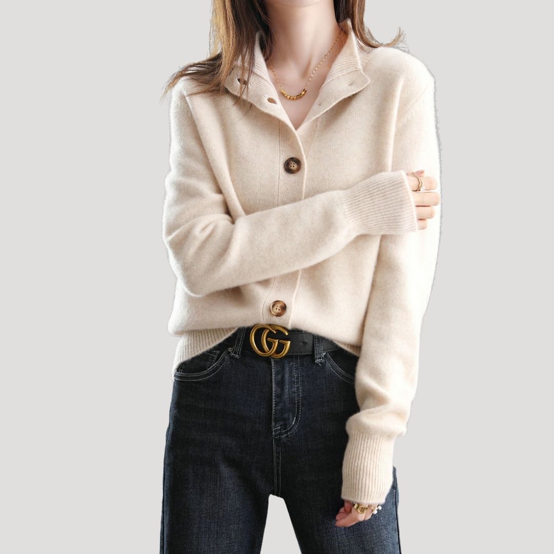 Dam chunky stickad vinterkardigan med knäppning och krage 6