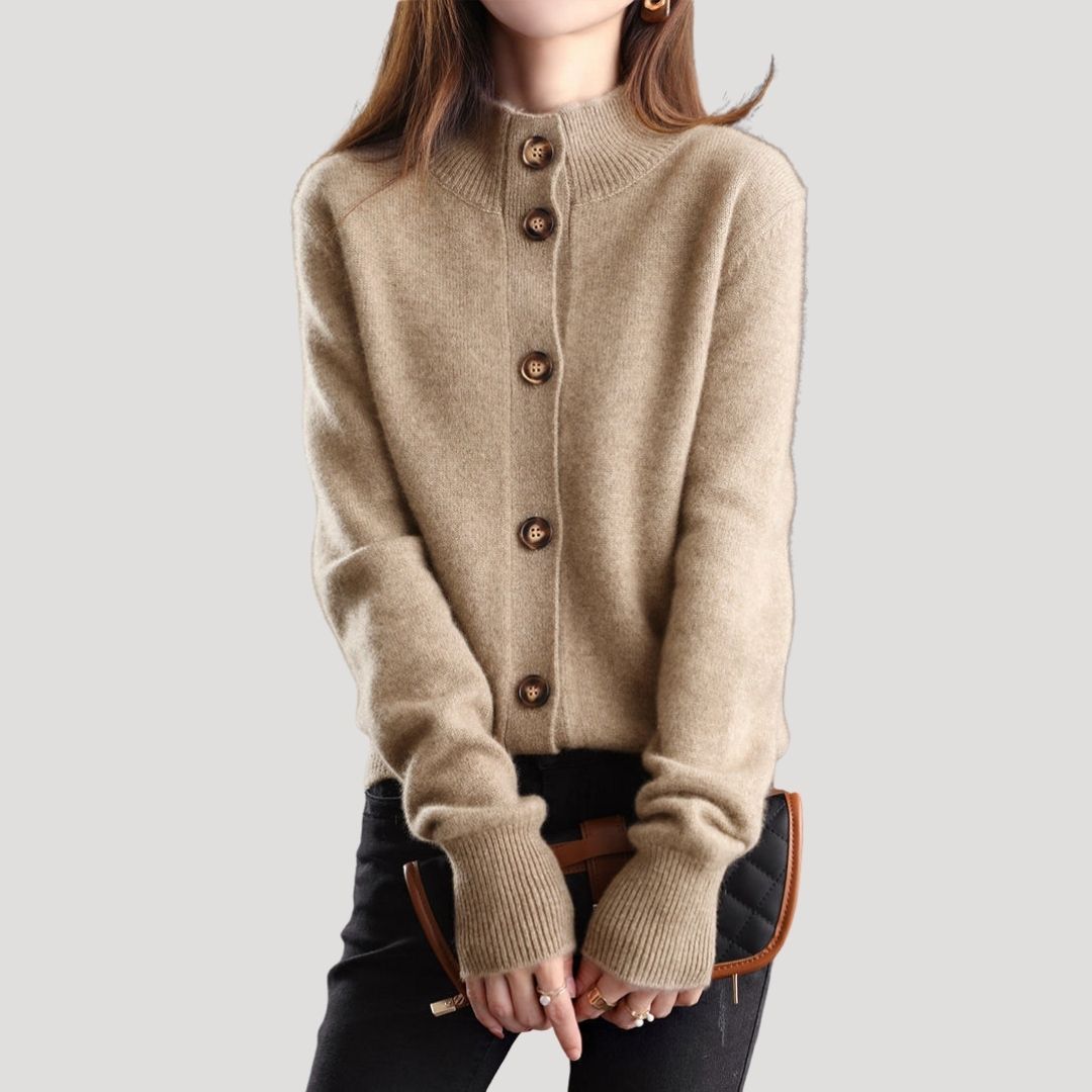 Dam chunky stickad vinterkardigan med knäppning och krage 7