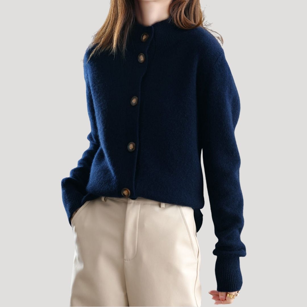 Dam chunky stickad vinterkardigan med knäppning och krage 8