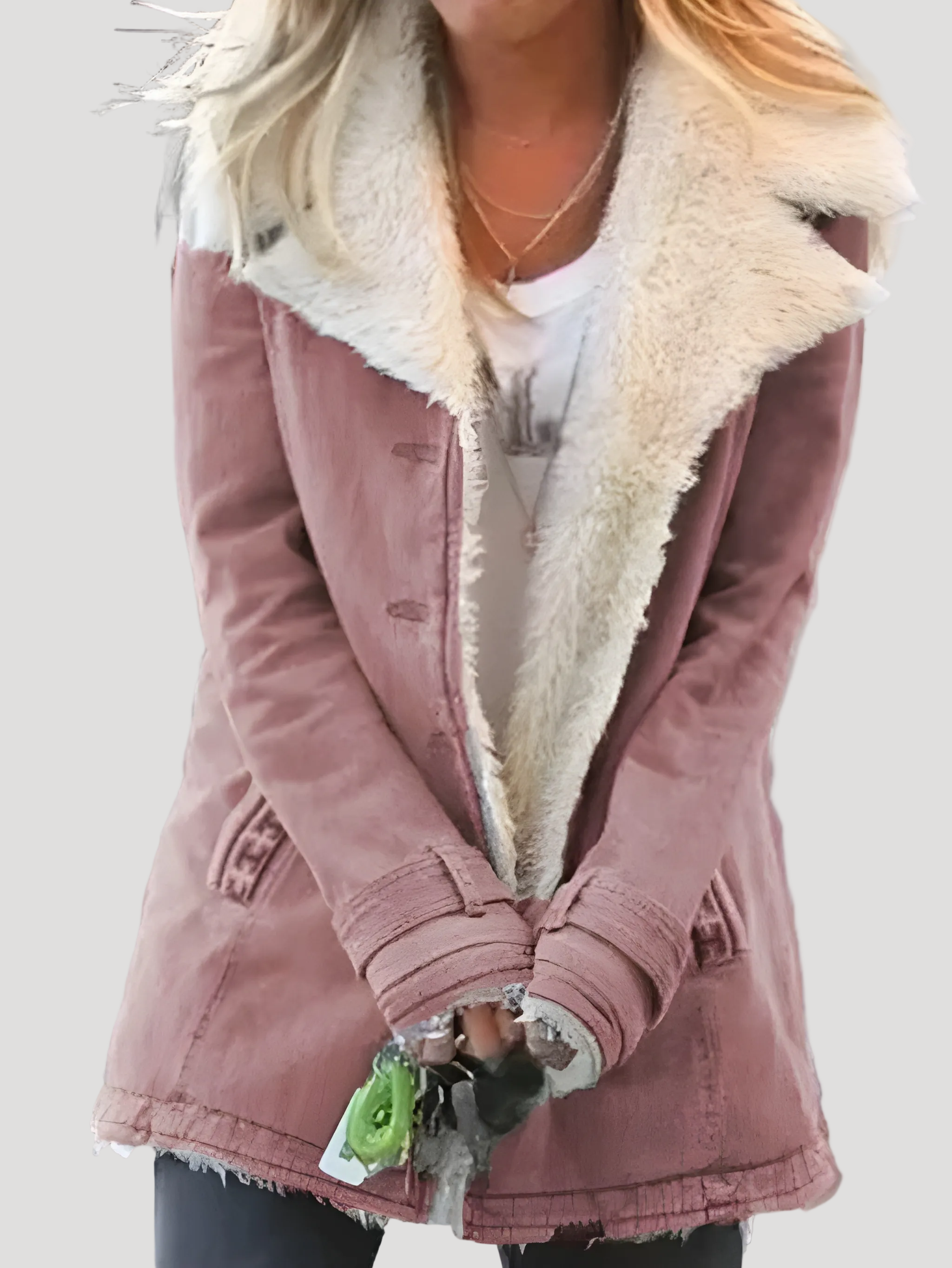 Dam fuskpäls vinterjacka med klassisk krage och plüschfoder 4