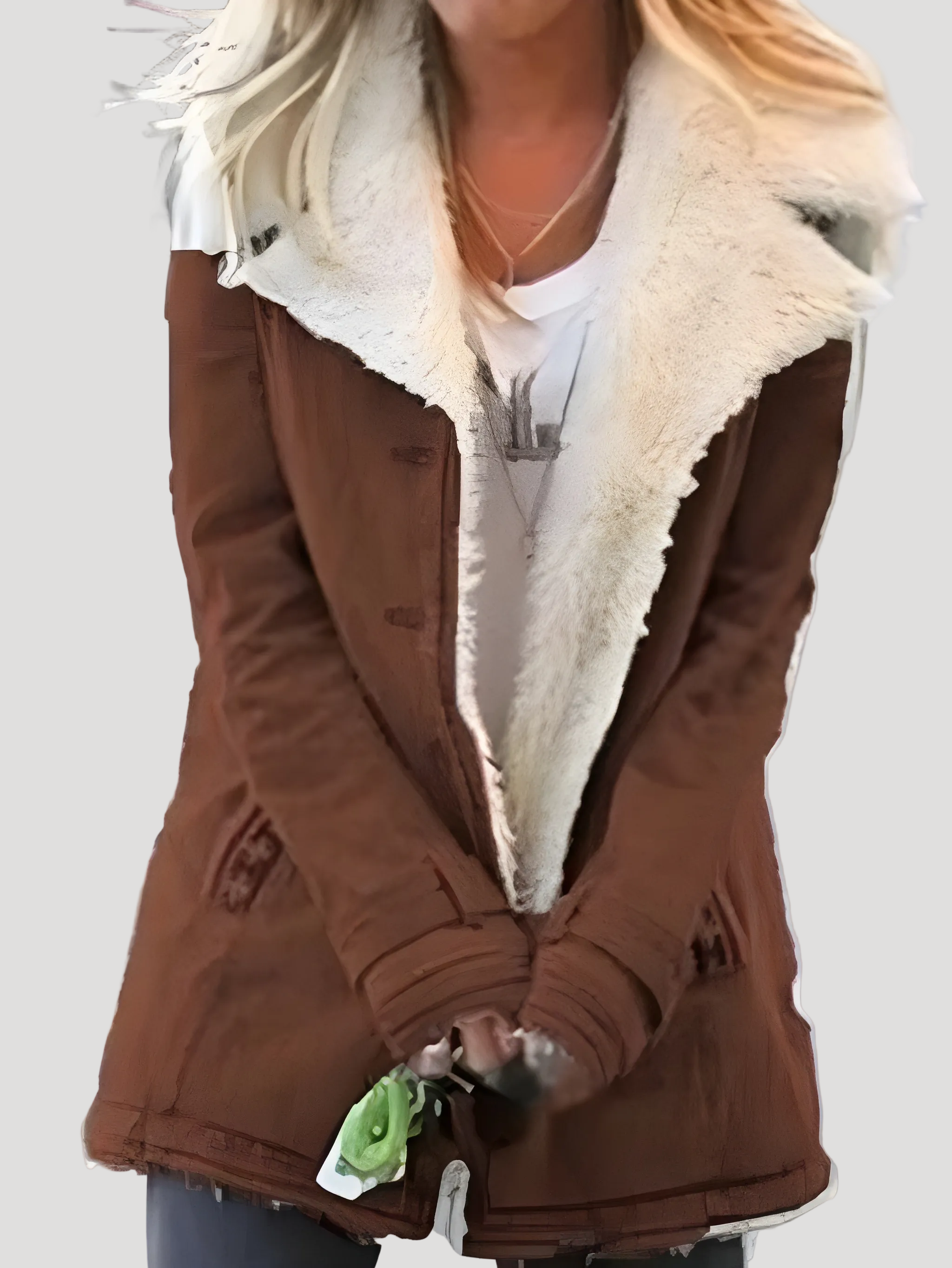 Dam fuskpäls vinterjacka med klassisk krage och plüschfoder 7