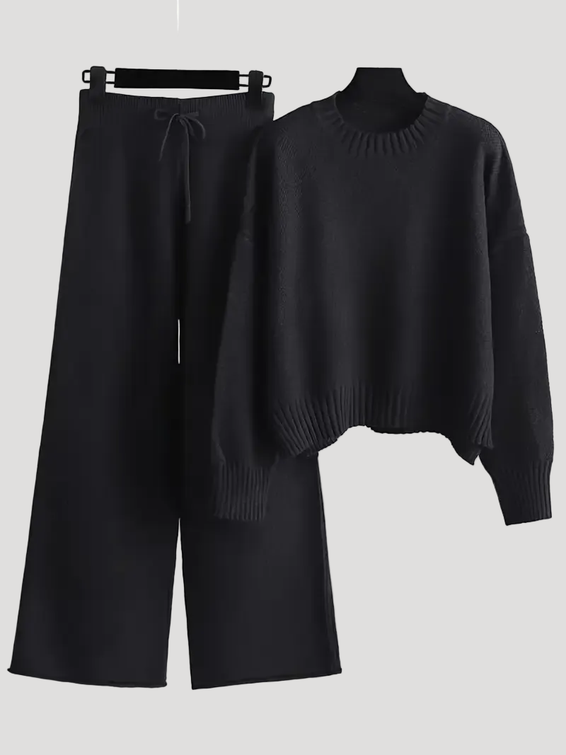 Dam kläder set med stickad tröja och vida byxor höst 3