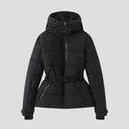 Dam kviltad lång vinterjacka med bälte och huva