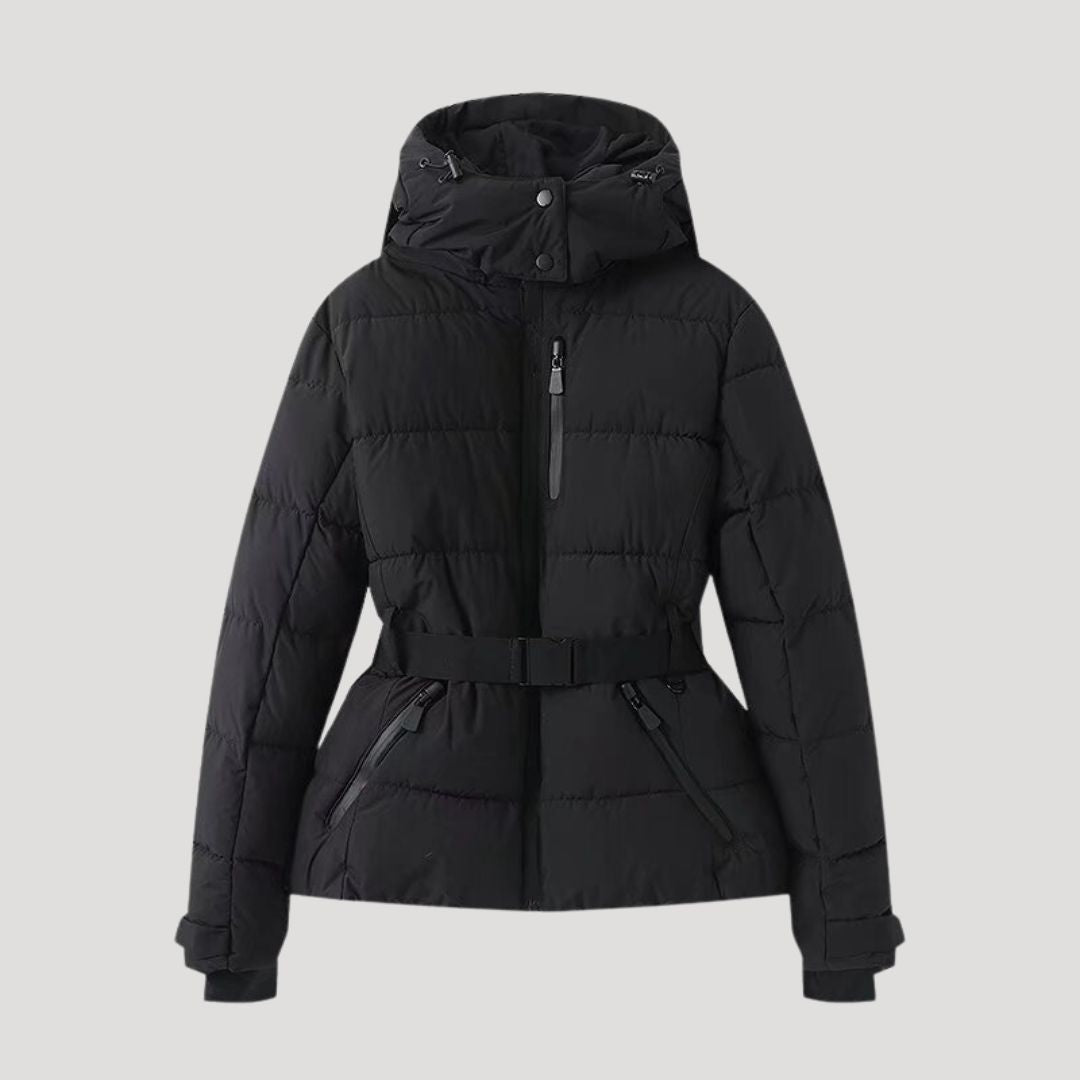 Dam kviltad lång vinterjacka med bälte och huva