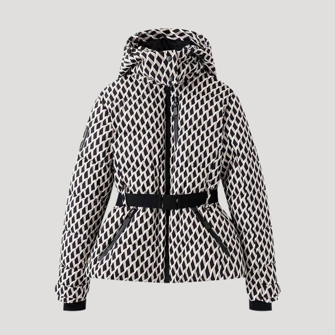 Dam kviltad lång vinterjacka med bälte och huva