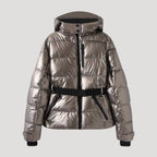 Dam kviltad lång vinterjacka med bälte och huva