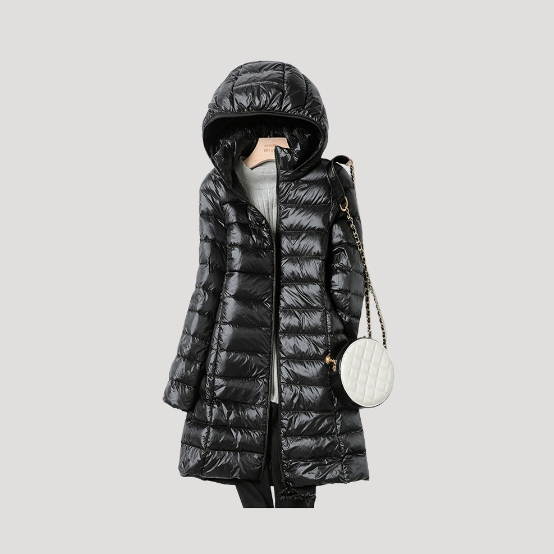 Dam lång vinterjacka med huva och vaddering 5