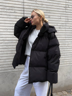Dam lång vinterjacka puffer med avtagbar huva 0