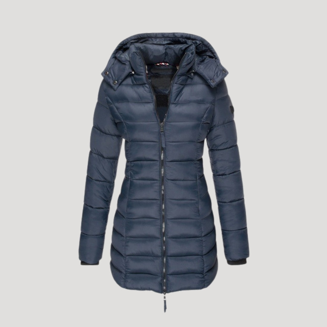 Dam lång vinterrock med huva vadderad och stilren 0