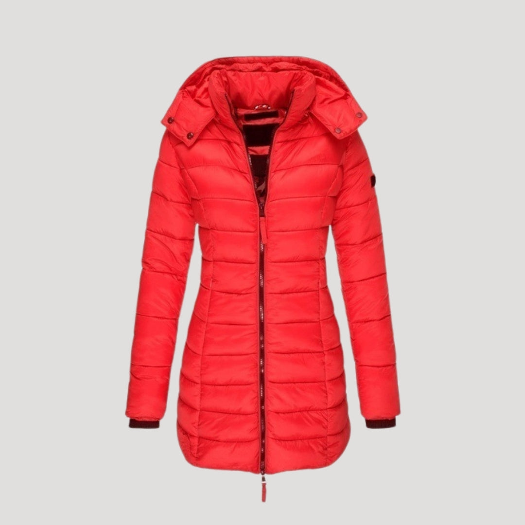 Dam lång vinterrock med huva vadderad och stilren 1