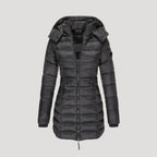 Dam lång vinterrock med huva vadderad och stilren 4