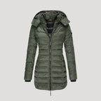 Dam lång vinterrock med huva vadderad och stilren 5