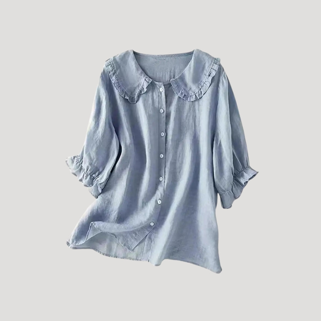 Dam långärmad blus i linneblandning med ruffle krage 0