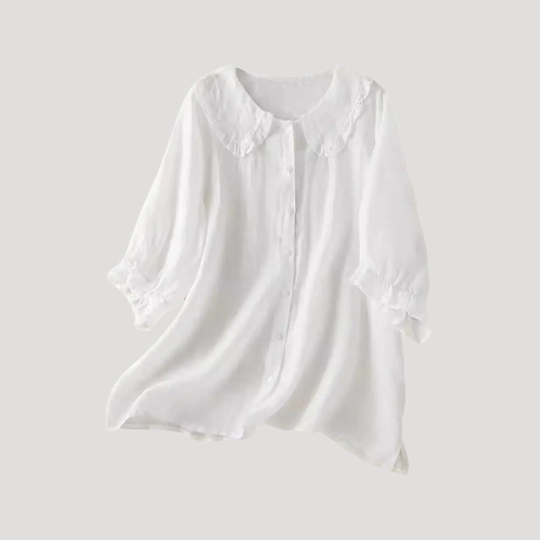 Dam långärmad blus i linneblandning med ruffle krage 1