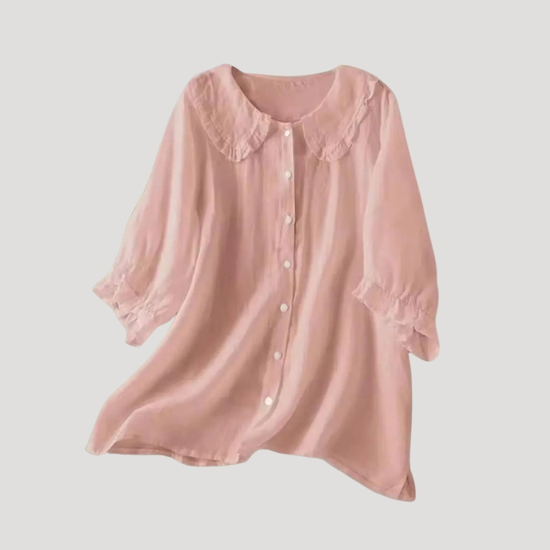 Dam långärmad blus i linneblandning med ruffle krage 2