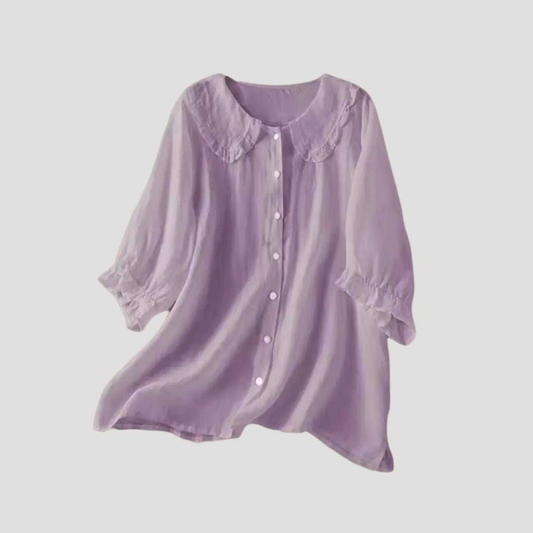 Dam långärmad blus i linneblandning med ruffle krage 3