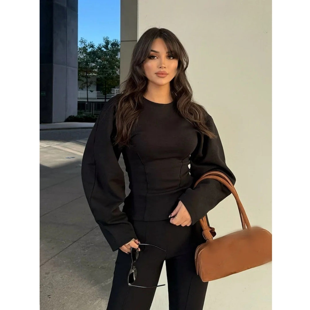 Dam lounge set långärmad med vida byxor för avslappnad stil