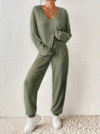 Dam loungewear set ribbad V-ringad topp och joggerbyxor 0