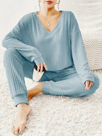 Dam loungewear set ribbad V-ringad topp och joggerbyxor 1