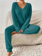 Dam loungewear set ribbad V-ringad topp och joggerbyxor 5