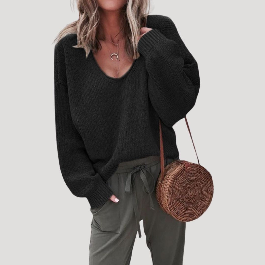 Dam överdimensionerad V-hals stickad vintertröja varm chunky 6