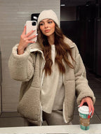 Dam överdimensionerad lammull jacka med patchwork-design 4