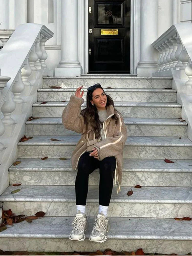 Dam överdimensionerad lammull jacka med patchwork-design 5