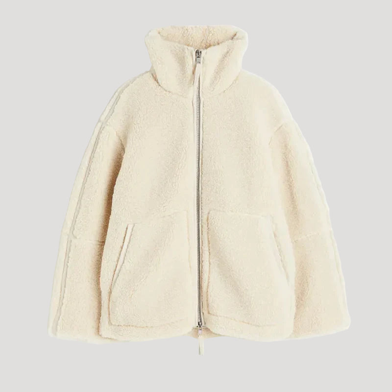 Dam överdimensionerad lammull jacka med patchwork-design 6