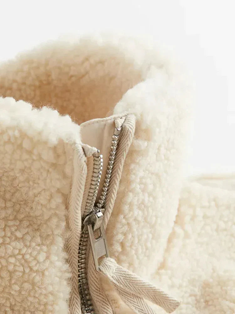 Dam överdimensionerad lammull jacka med patchwork-design 8