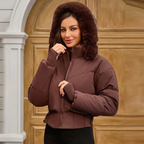 Dam quiltad kort vinterjacka med pälshuva 4