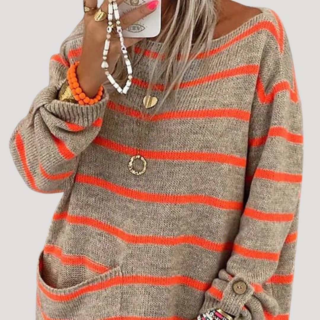 Dam randig stickad vintertröja överdimensionerad med långa ärmar 0