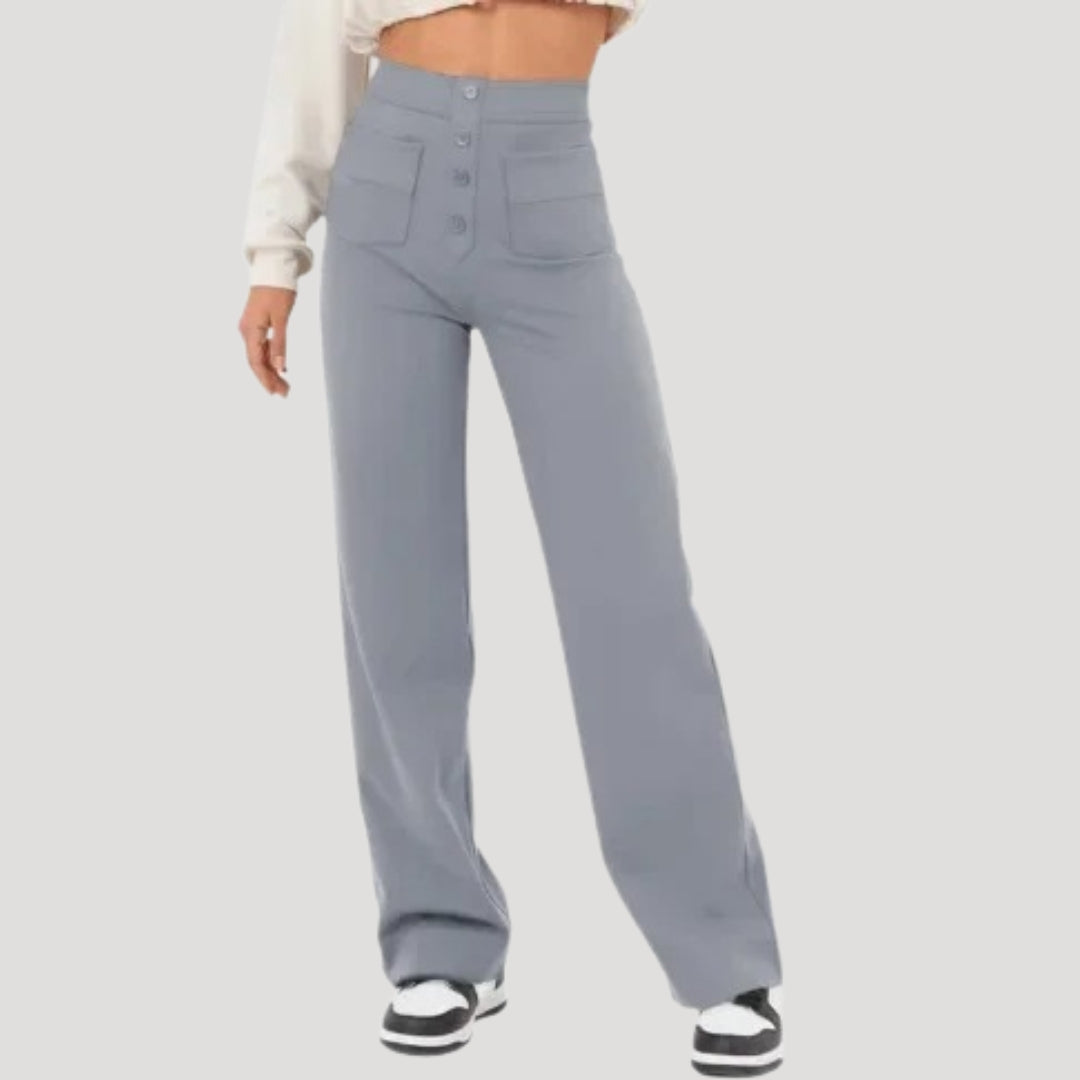 Dam snygga byxor hög midja bredbenta med knappar 3