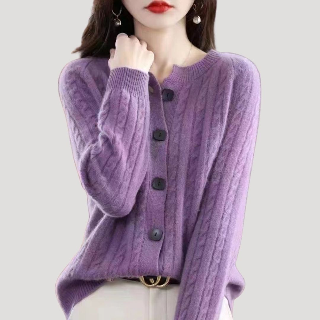 Dam stickad chunky ribbad tröja med knappar för vinter 5