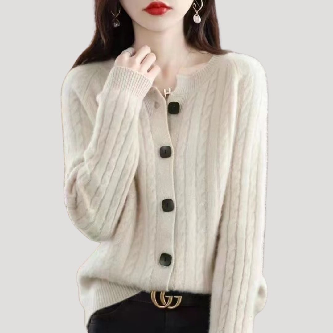 Dam stickad chunky ribbad tröja med knappar för vinter 6