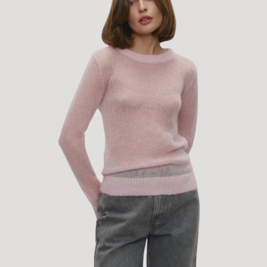 Dam stickad crewneck tröja i ren ull för alla säsonger 0