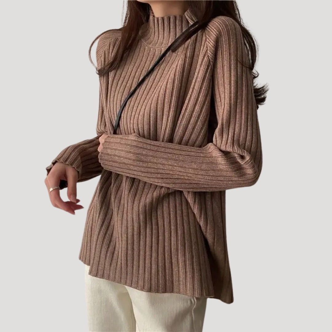 Dam stickad överdimensionerad rullhals vintertröja i mjuk ribb 0