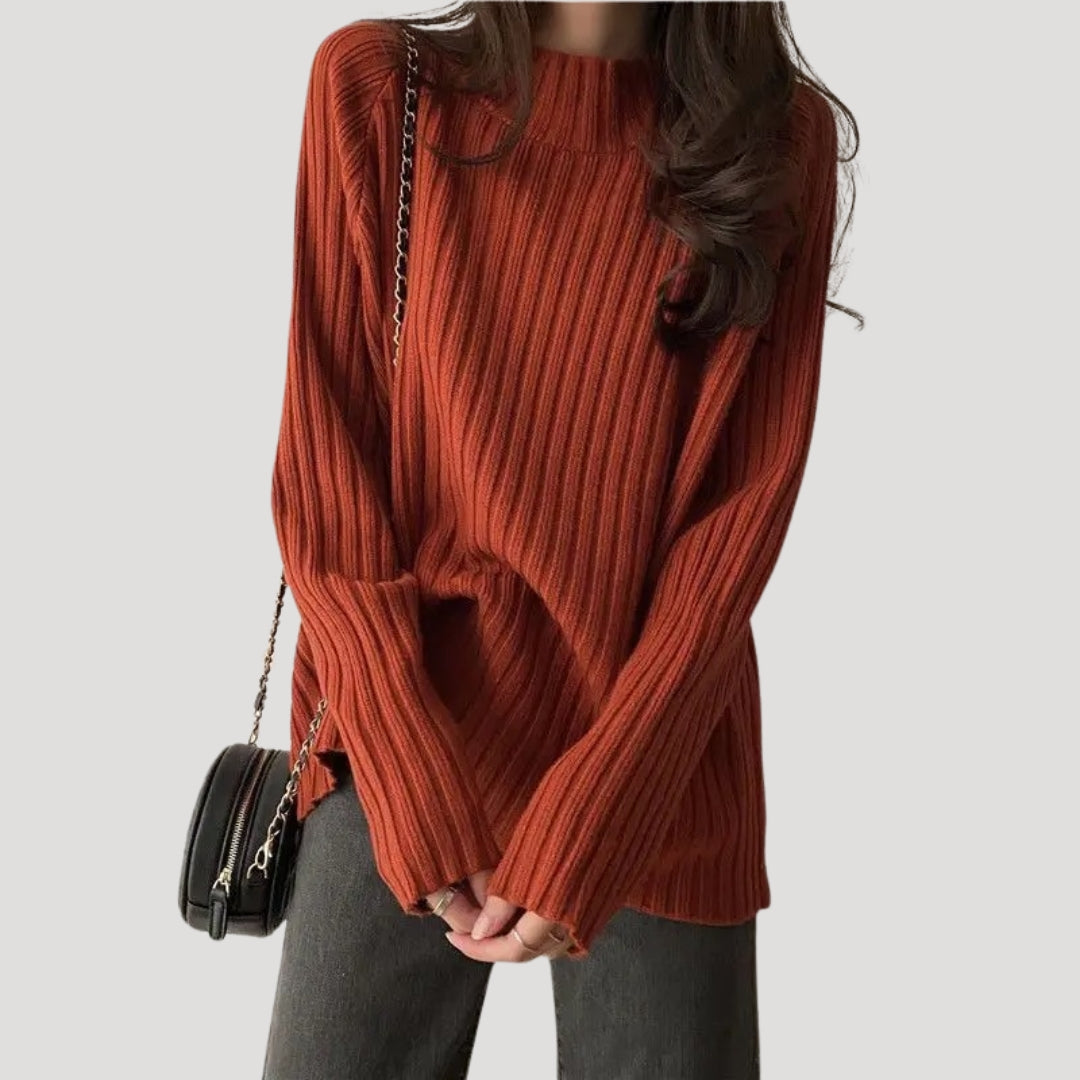 Dam stickad överdimensionerad rullhals vintertröja i mjuk ribb 1