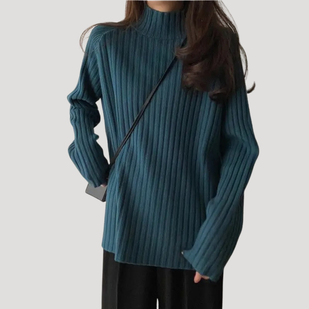 Dam stickad överdimensionerad rullhals vintertröja i mjuk ribb 5