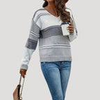 Dam stickad randig v-ringning tröja för vår och höst 2