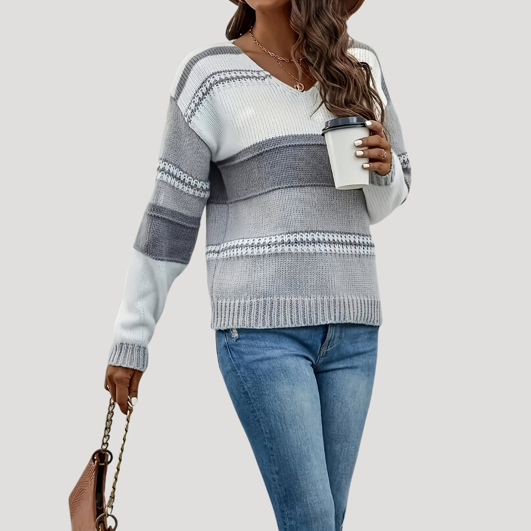 Dam stickad randig v-ringning tröja för vår och höst 2