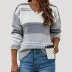 Dam stickad randig v-ringning tröja för vår och höst 3