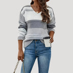 Dam stickad randig v-ringning tröja för vår och höst 4