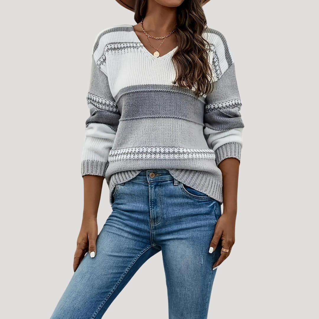 Dam stickad randig v-ringning tröja för vår och höst 5