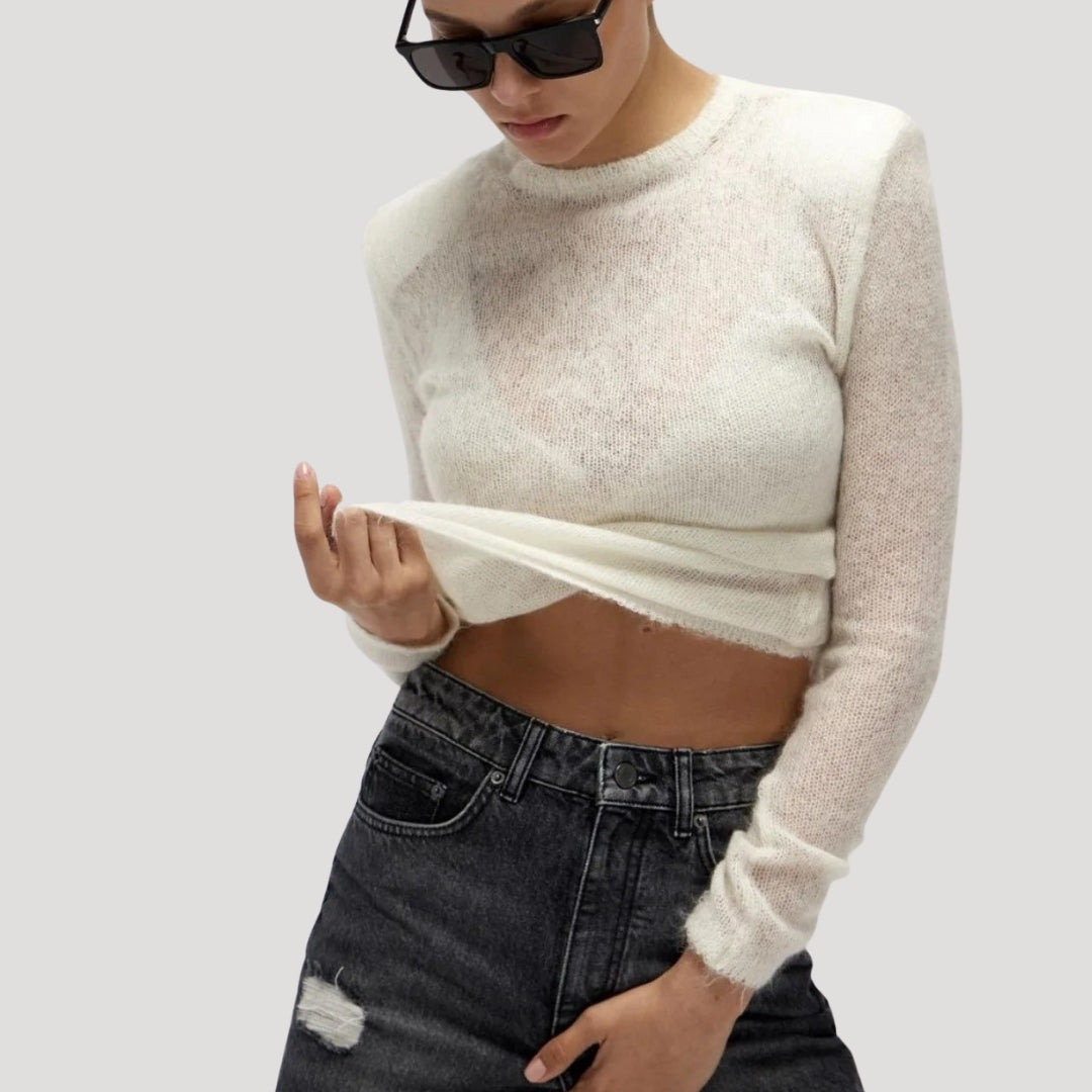 Dam stickad tröja i mohairblandning med lång ärm 0