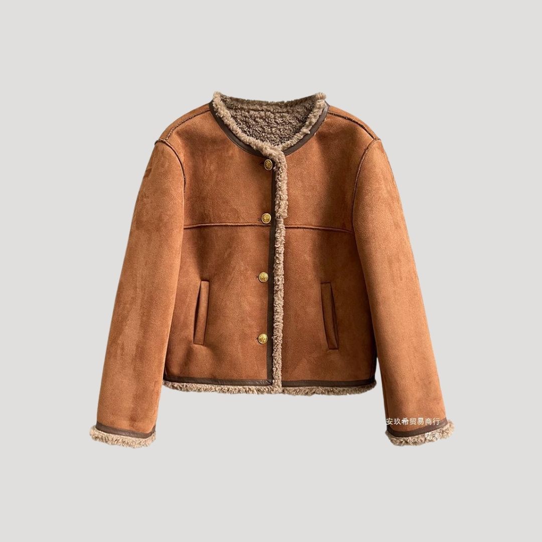 Dam teddy vinterjacka med knäppning för kalla dagar