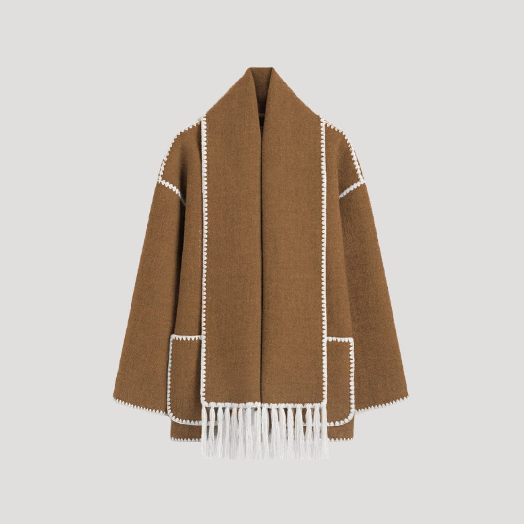Dam ullblandning vintercape med fransar och halsduk 9